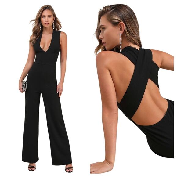 Lulu's Pants - Lulus Thinking Out Loud Black Backless Jumpsuit Large Womens